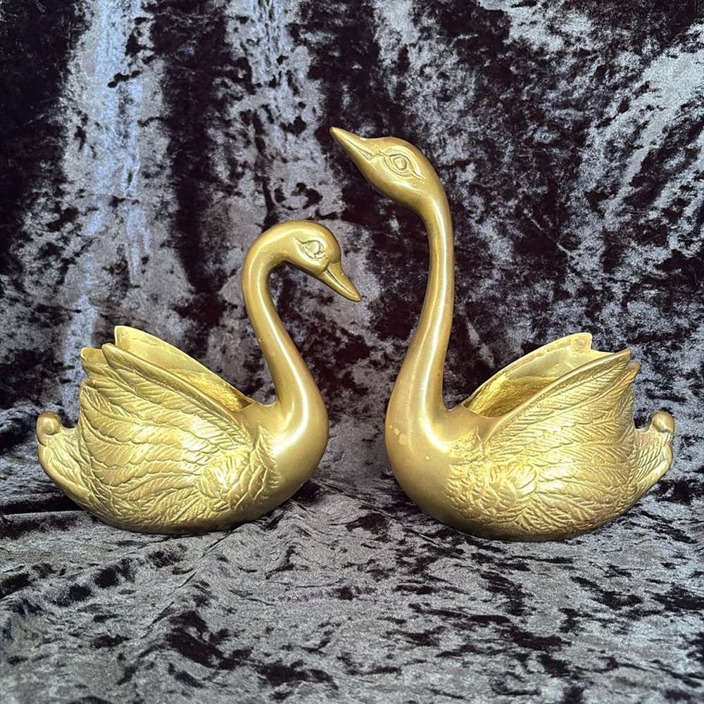Pair of Vintage Brass Swan Planters